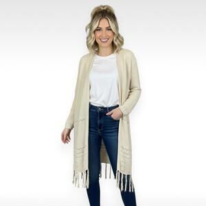 Pink Lily Cream/Beige Pointelle Fringe Open Front Cardigan | Size Large | Boho
